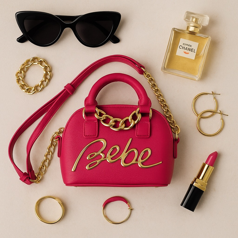Bebe Fuchsia Pink Mini Crossbody Satchel Purse with Gold Chain & Logo